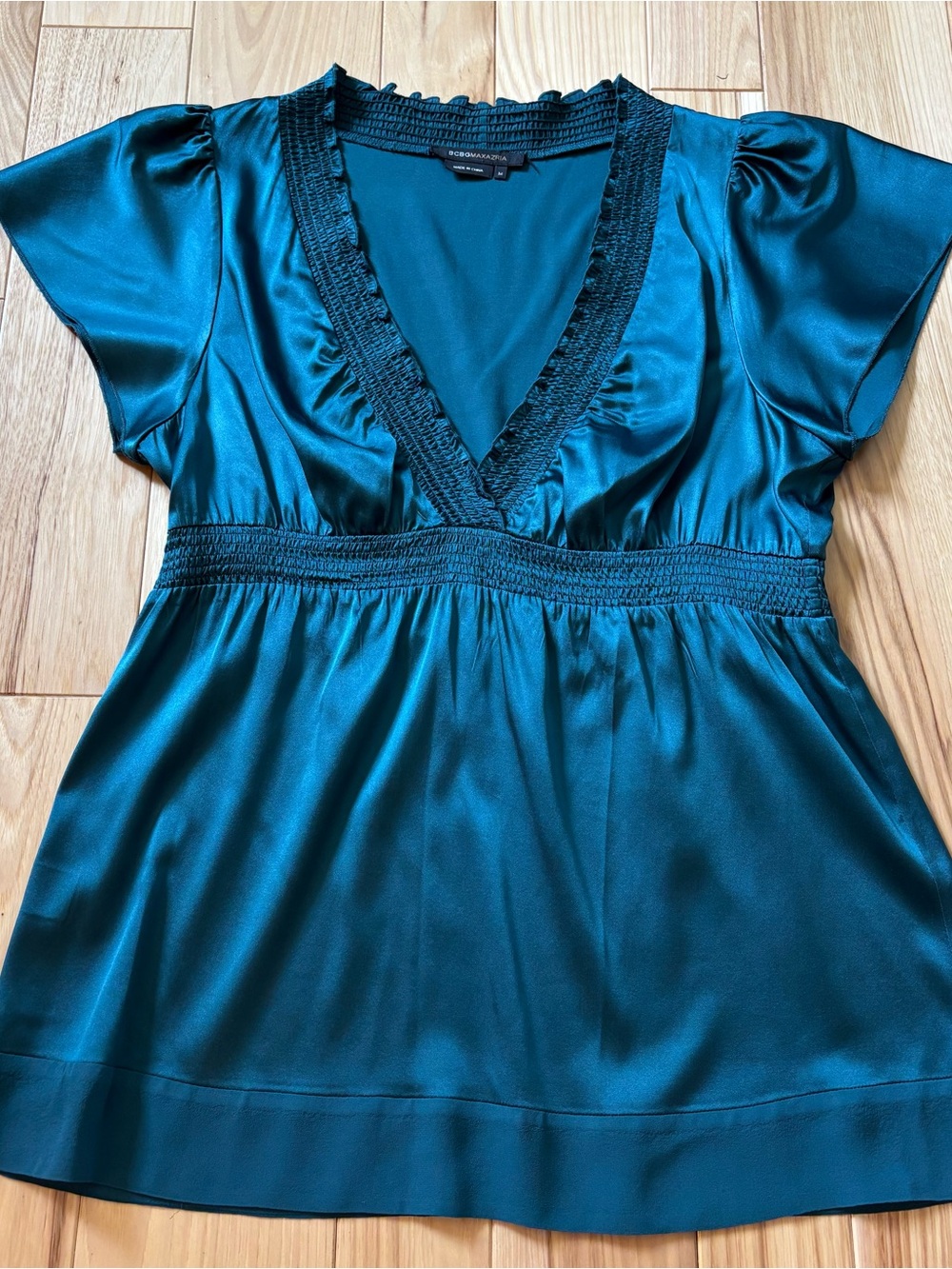 BCBG Max Azria Silk V Neck Babydoll Style Teal Top